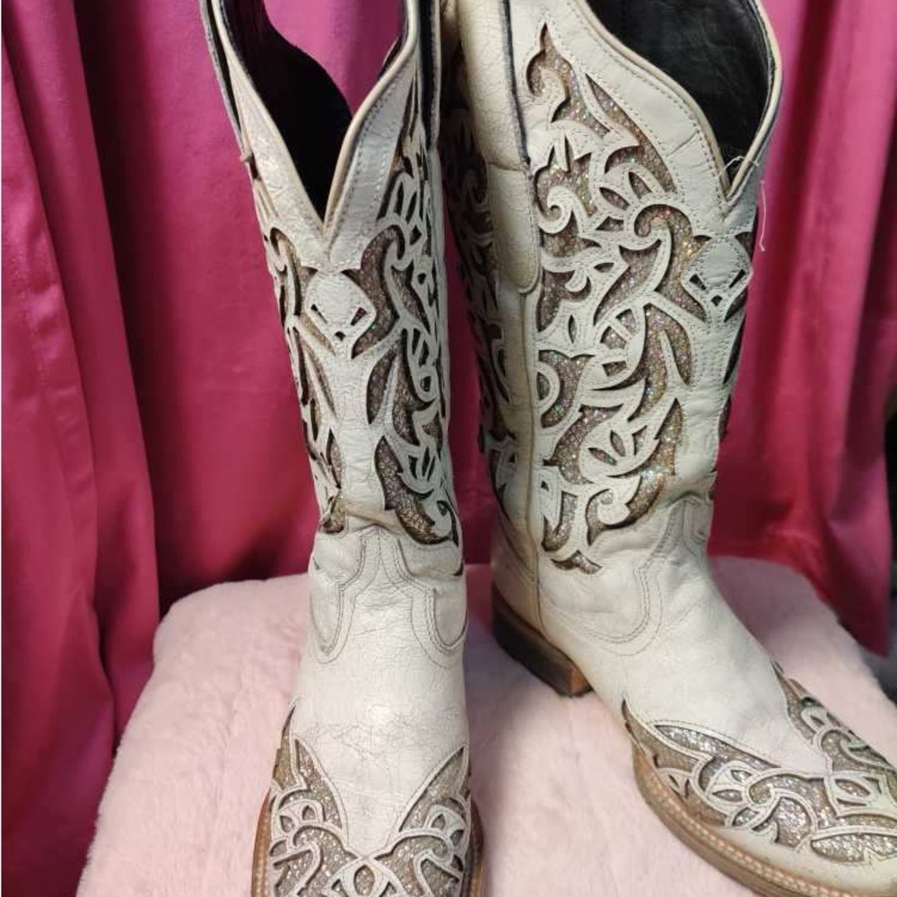 J.B. Dillon vintage white glitter Western Boots excellent great bridal boots